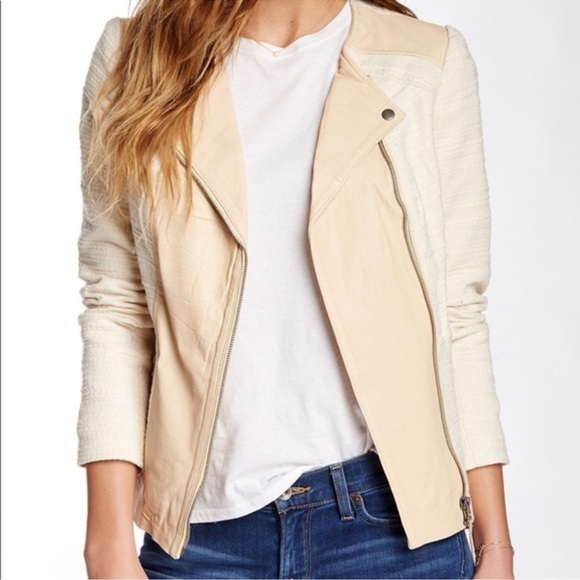 Lucky Brand Noa Cream Mixed Media‎ Leather Woven Tweed Moto Jacket Motorcycle XL - Picture 1 of 16